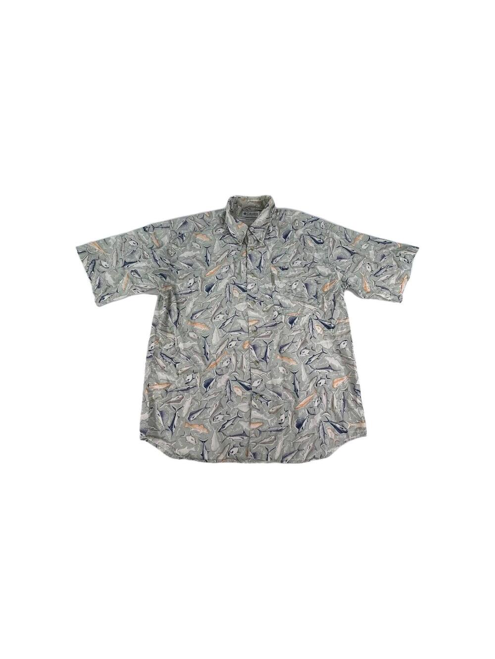 Columbia Sportswear deep sea fishing shirt Size L marlin Tuna fish pattern Shirt
